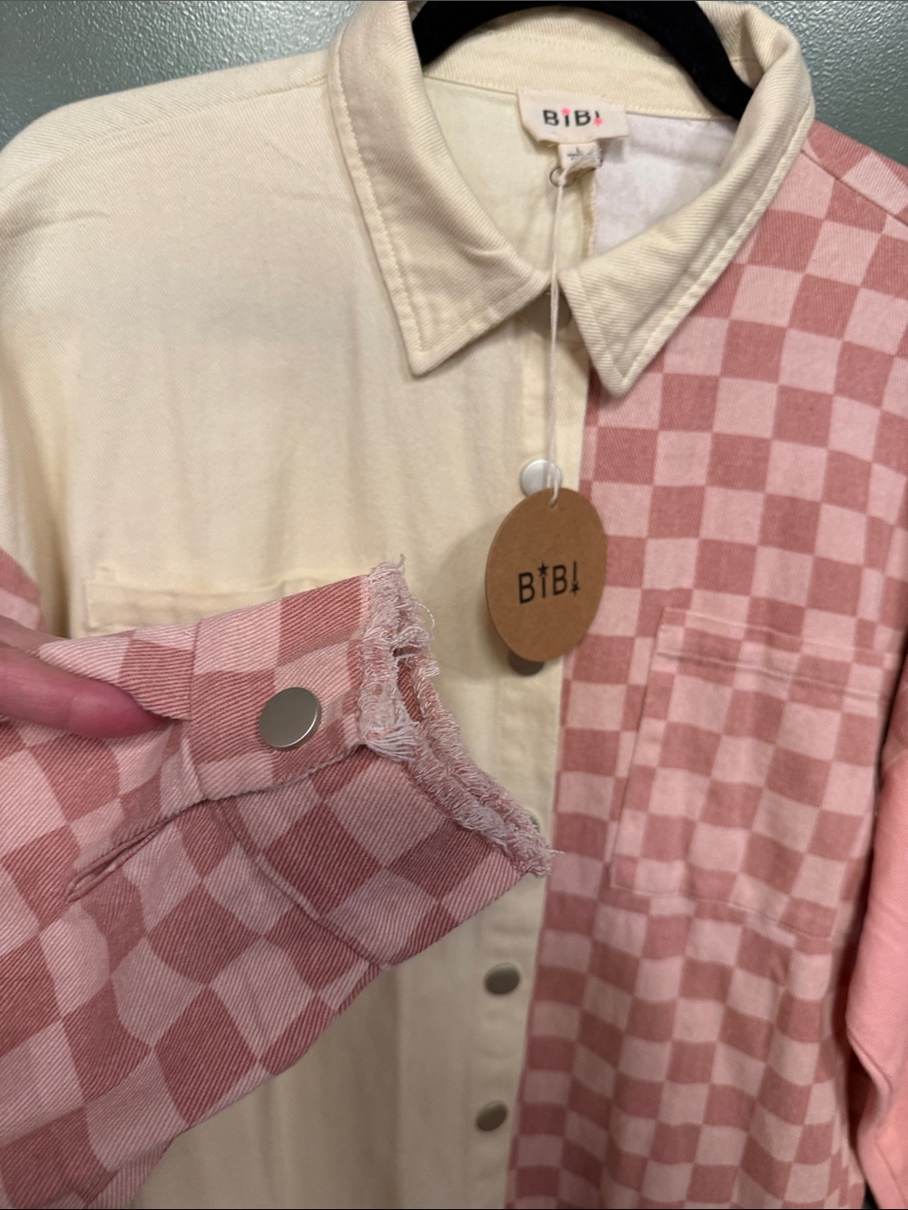 BiBi Pink & Cream Checker Contrast snap-Up Shirt/jacket - Picture 3 of 10